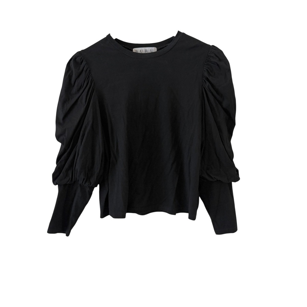 BURU Puff Sleeve Tee Shirt Top Womens L Black Long Sleeve Crew Neck Jersey Knit